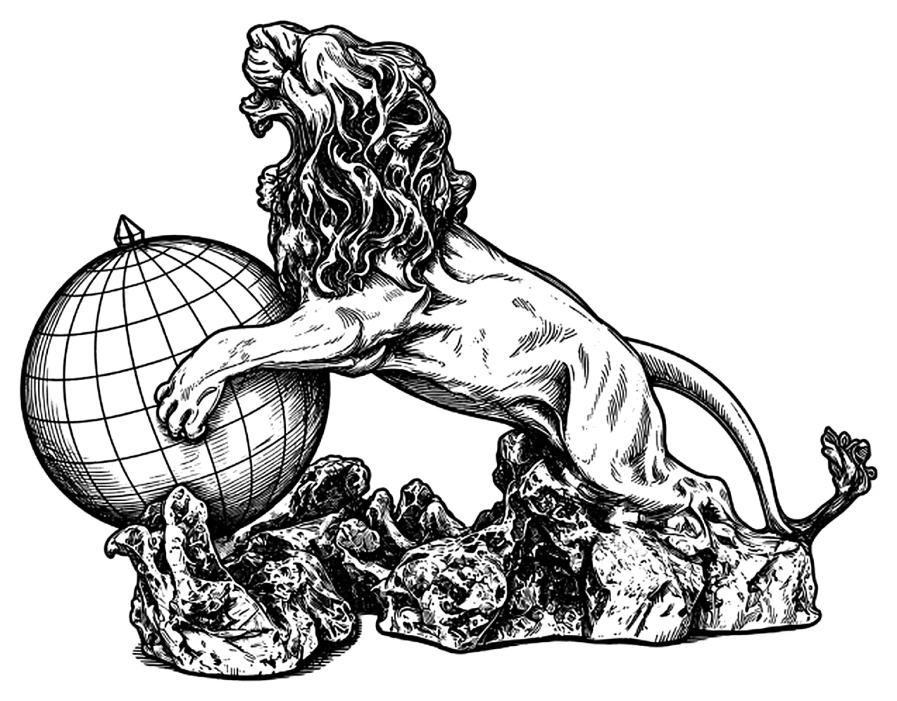 Эмблема 1765 GROUP: лев, удерживающий глобус на скале